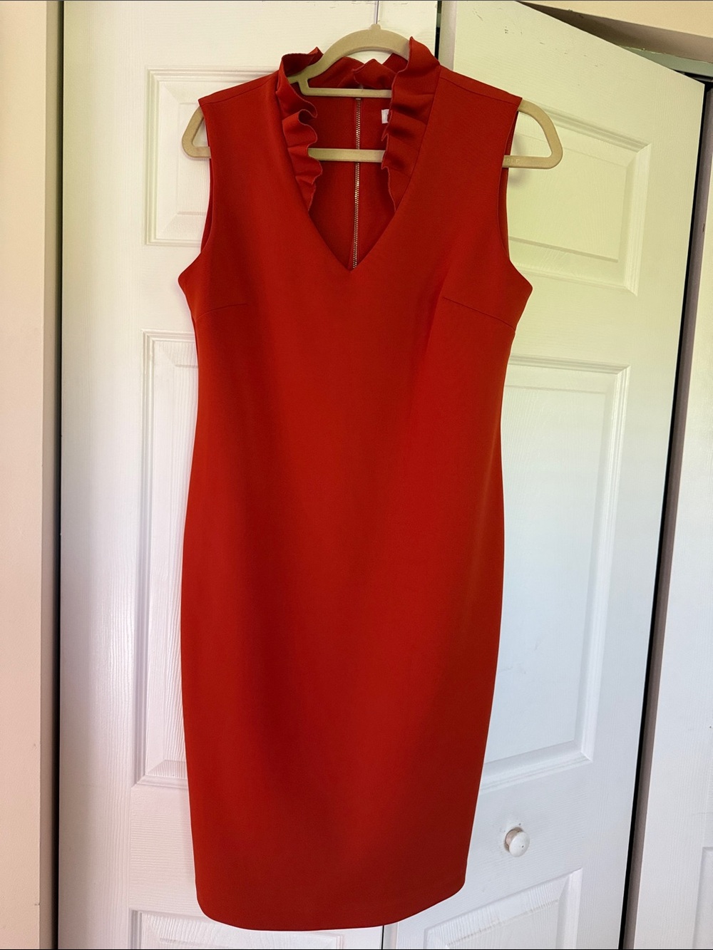Calvin Klein Orange Ruffle-Trim V-Neck Mini Dress